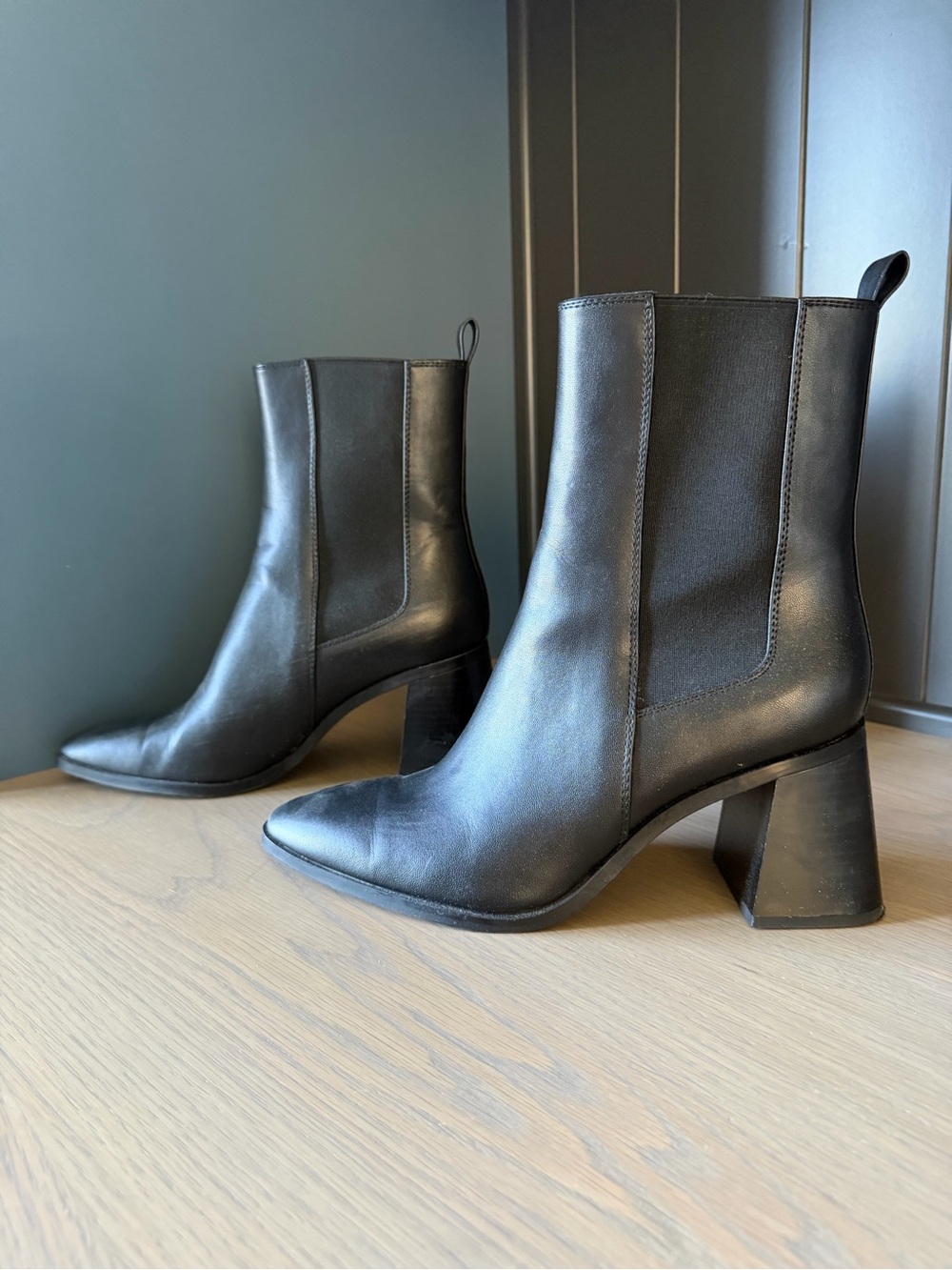 Zara Black Leather Block Heel Ankle Boots